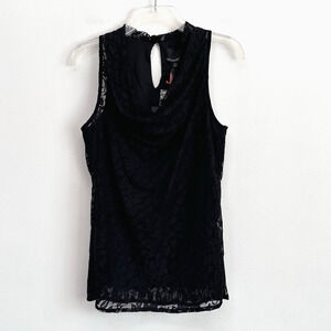 Cynthia Rowley Top M Cowl Neck Sleeveless Black Lace Over Tank Party NEW